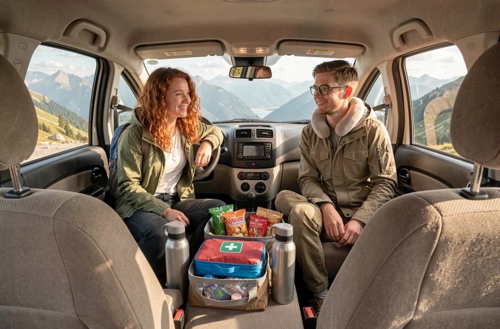 Intérieur de voiture avec accessoires de voyage organisés sur la banquette arrière lors d'un road trip en montagne