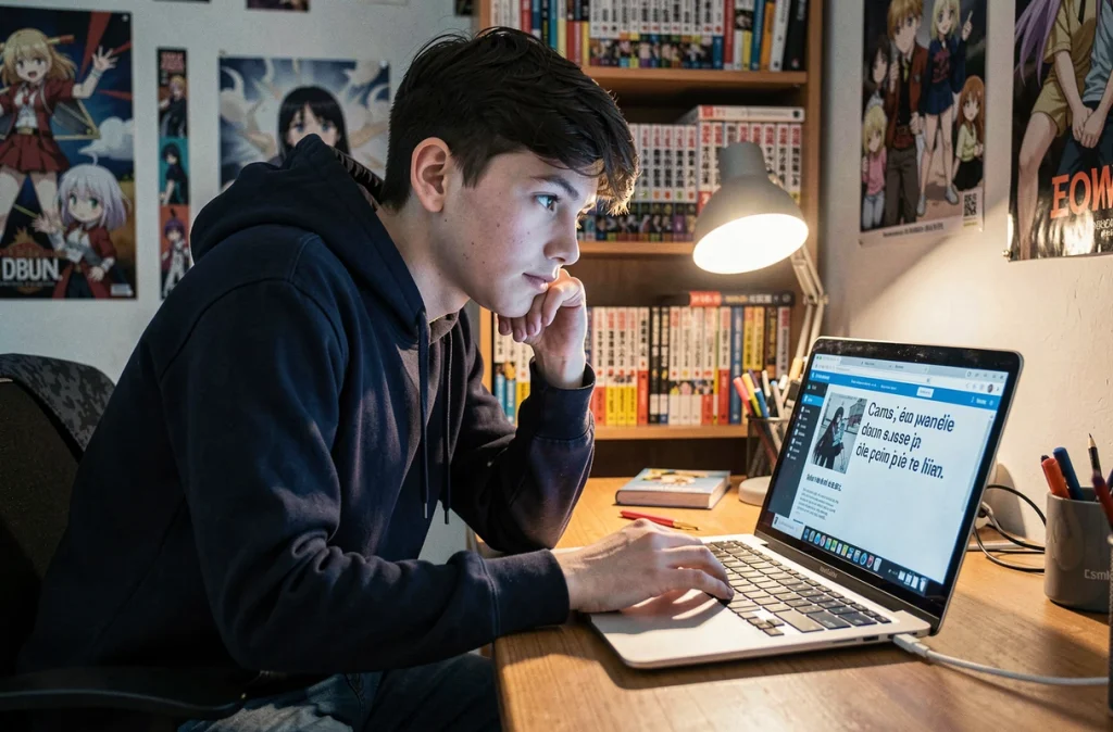 Adolescent lisant un manga en VF sur ordinateur portable dans sa chambre décorée de posters anime