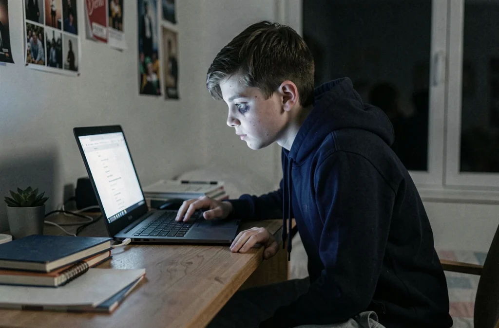 Adolescent fatigué devant un ordinateur portable la nuit à son bureau, perturbant son cycle de sommeil