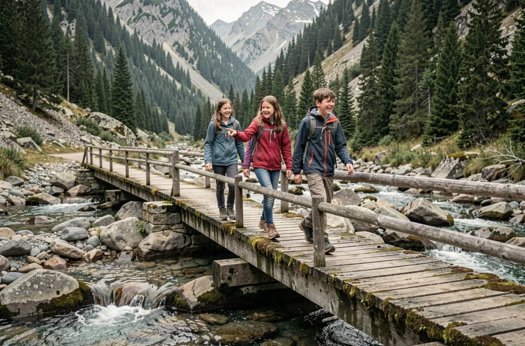 Trois adolescents traversent un pont en bois au-dessus d'un torrent de montagne en riant, illustrant les bienfaits des randonnées en pleine nature pour les jeunes