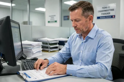Agent administratif examinant des documents d'immatriculation de véhicule importé dans un bureau officiel en France