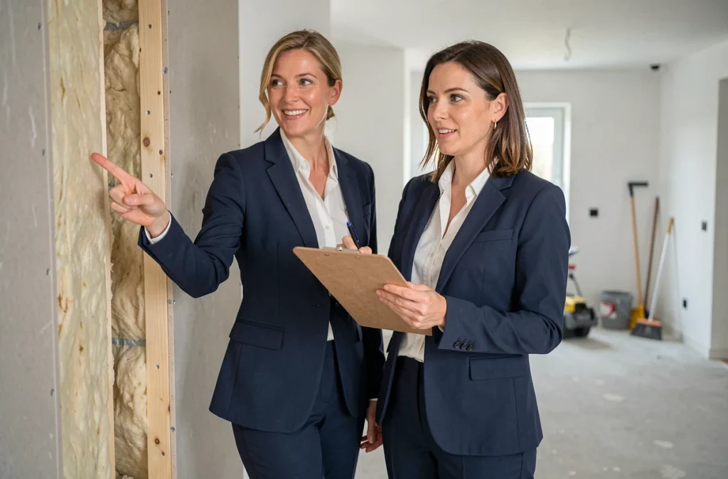 Agent immobilier présentant les travaux d'isolation intérieure d'un appartement en rénovation