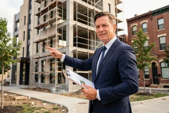 Agent immobilier devant un immeuble neuf en construction dans un quartier en développement urbain