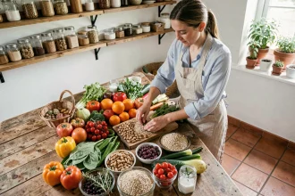 Femme arrangeant une variété d'aliments frais et nutritifs sur une table en bois pour prévenir les carences alimentaires