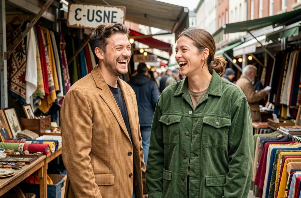Deux amies portant des vestes oversize tendance dans un marché aux puces animé