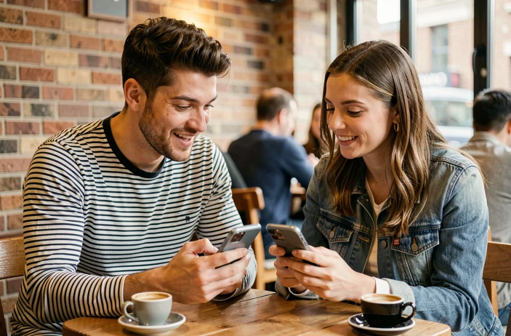 Deux amis comparant leurs progrès sur un jeu mobile gratuit dans un café urbain, discutant des achats intégrés