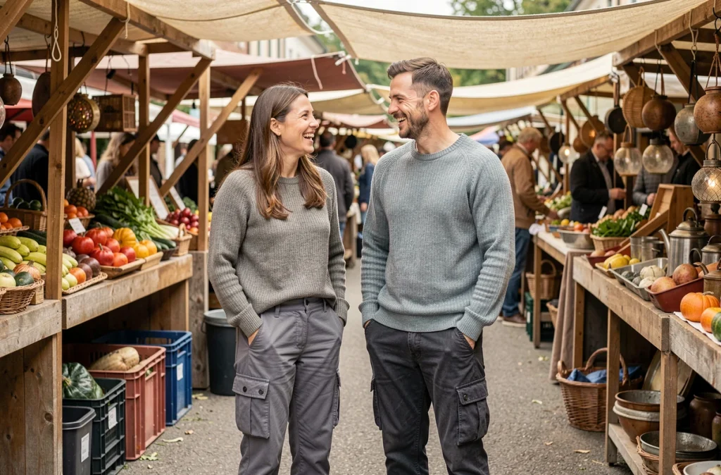 Deux amis portant des pantalons cargo gris et noir dans un marché en plein air animé le week-end