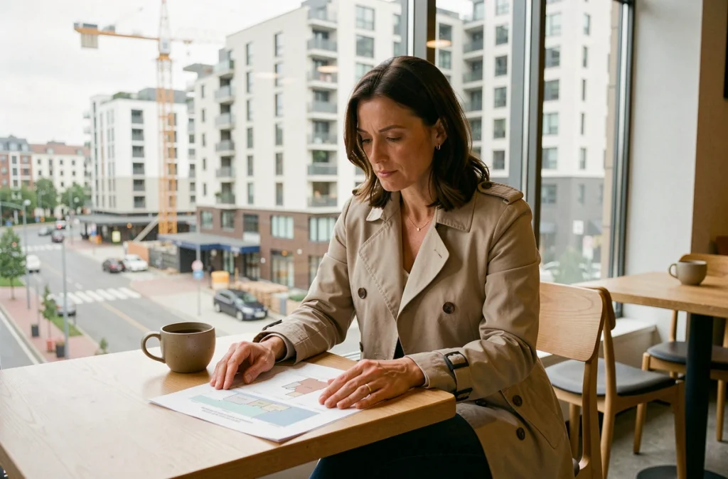 Femme analysant des données immobilières dans un café face à un chantier de construction urbaine