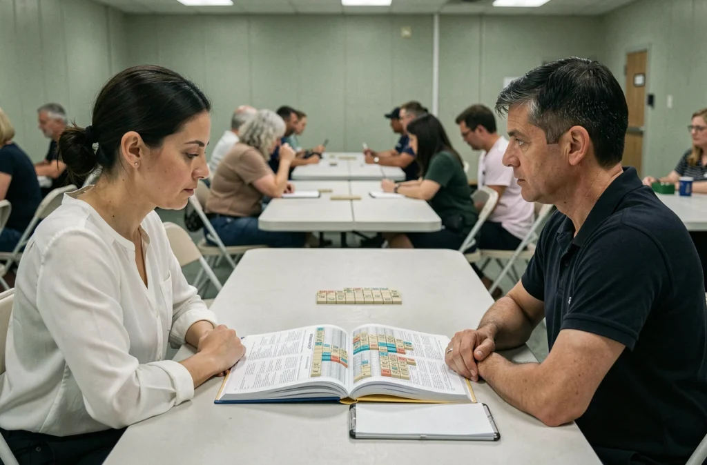 Joueuse et arbitre consultant un dictionnaire officiel du Scrabble lors d'un tournoi en salle communautaire