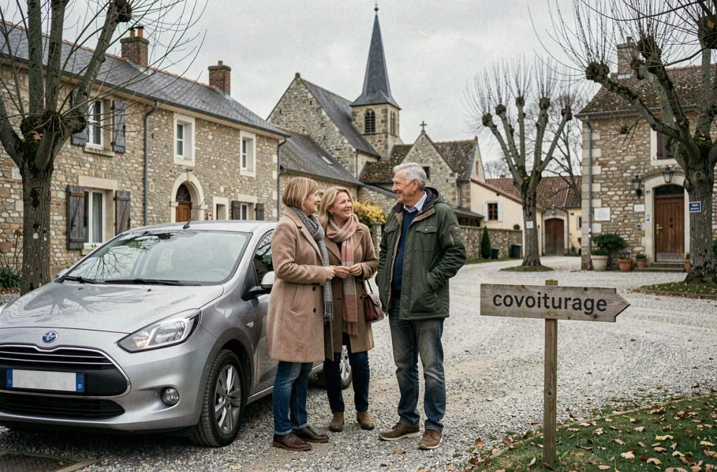 Un groupe de trois adultes attend et discute à un point de covoiturage rural signalisé dans un village français en automne