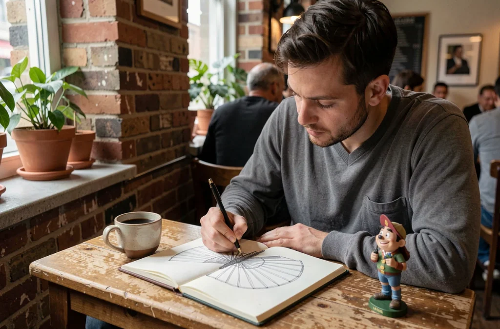 Homme adulte dessinant un fanart dans un carnet de croquis dans un café, représentant la création artistique inspirée par la culture du fandom et des personnages fictifs