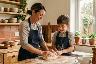 Mère et fils pétrissant de la pâte ensemble dans une cuisine familiale chaleureuse lors d'un atelier parents-enfants