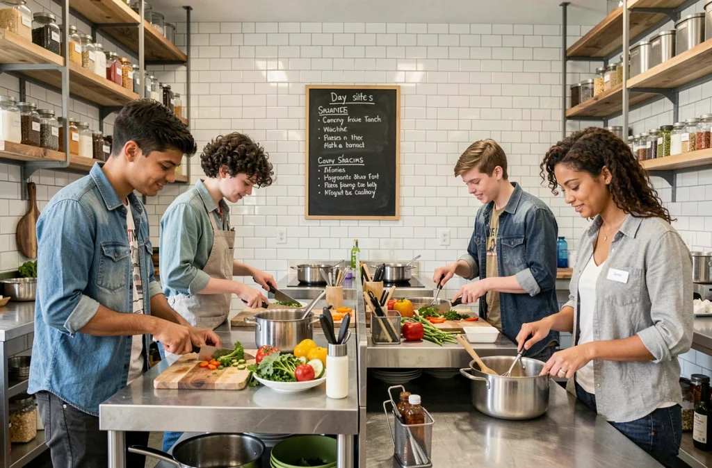 Groupe de parents et adolescents participant à un atelier de cuisine collective dans une cuisine communautaire moderne