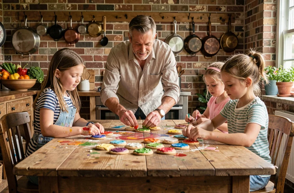 Père et ses deux filles décorant des biscuits faits maison ensemble autour d'une table de cuisine rustique