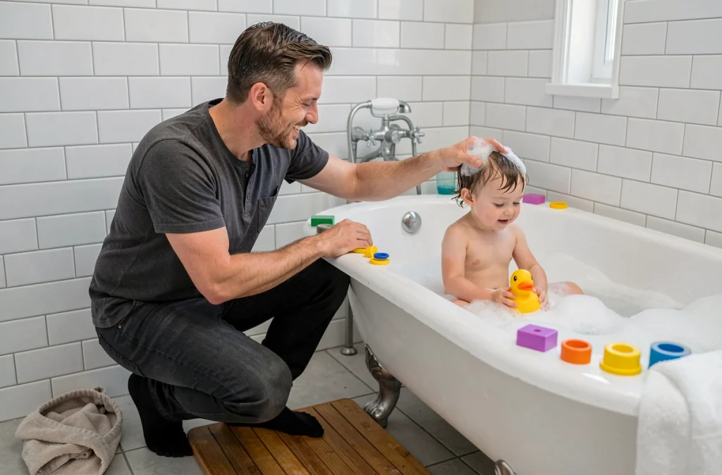 Père donnant le bain du soir à son enfant dans le cadre d'un rituel d'endormissement