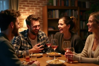 Groupe d'amis en soirée riant autour d'une table, illustrant une ambiance de blagues et d'humour entre convives