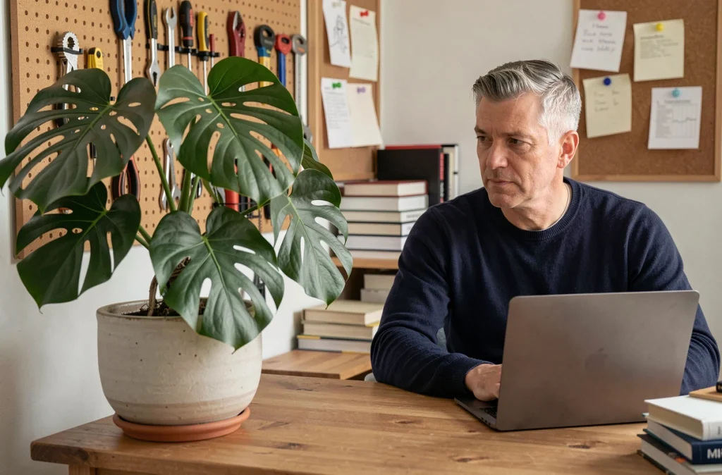 Homme travaillant dans un bureau à domicile avec une monstera dépolluante en arrière-plan