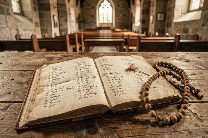 Calendrier liturgique ancien ouvert sur une table en chêne avec les noms des saints manuscrits et un chapelet en bois