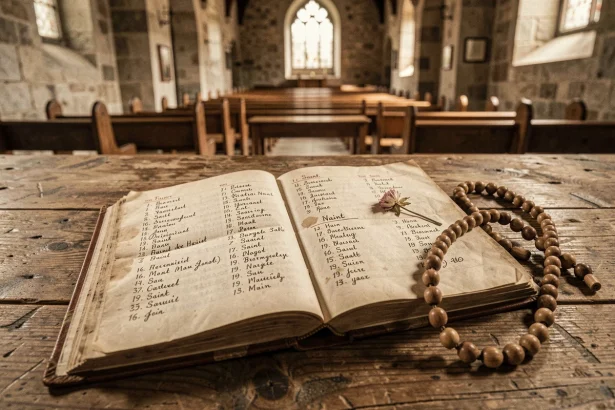 Calendrier liturgique ancien ouvert sur une table en chêne avec les noms des saints manuscrits et un chapelet en bois