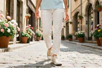 Femme portant des chaussures en toile beige se promenant sur des pavés en vieille ville au printemps