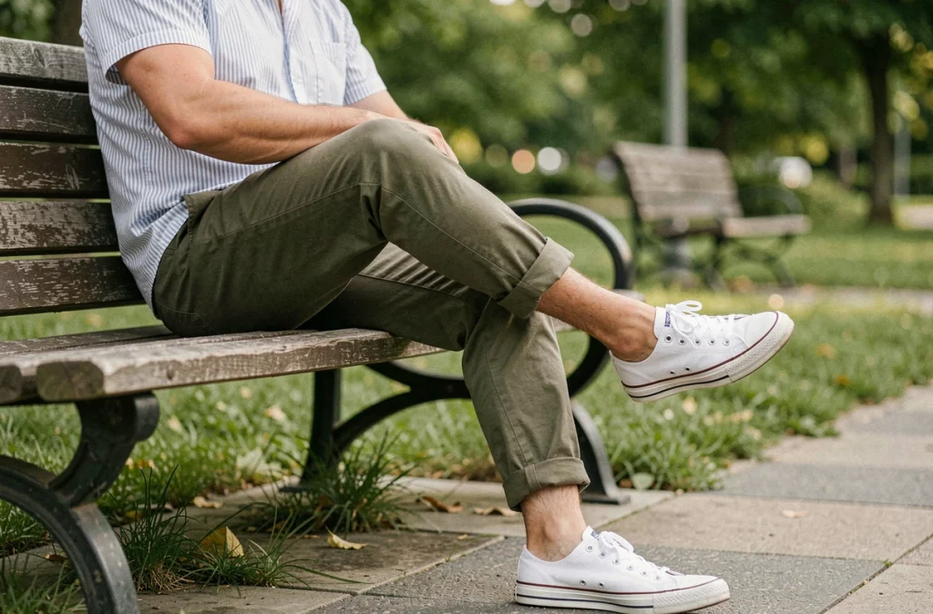 Homme assis sur un banc de parc avec des chaussures en toile blanche et un pantalon chino olive en été