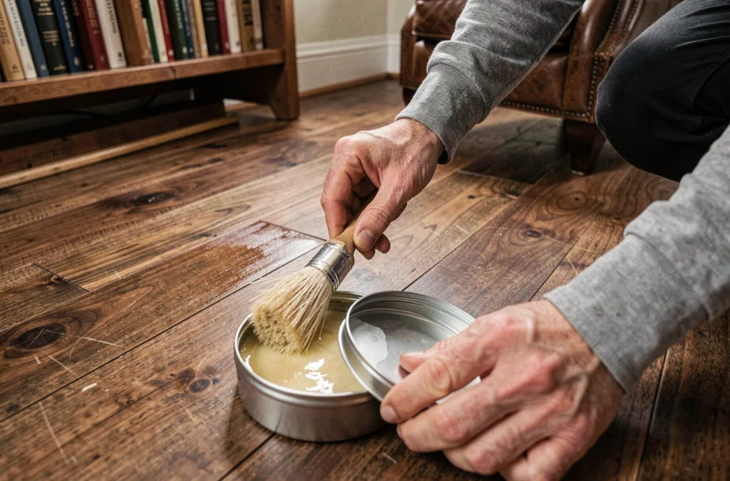 Application de cire d'abeille naturelle sur un parquet en noyer avec une brosse à poils doux
