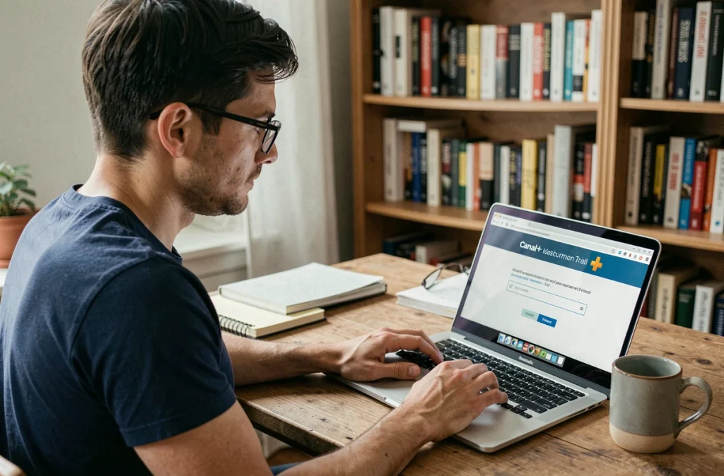 Homme entrant un code promotionnel Canal Plus sur son ordinateur portable dans un bureau à domicile