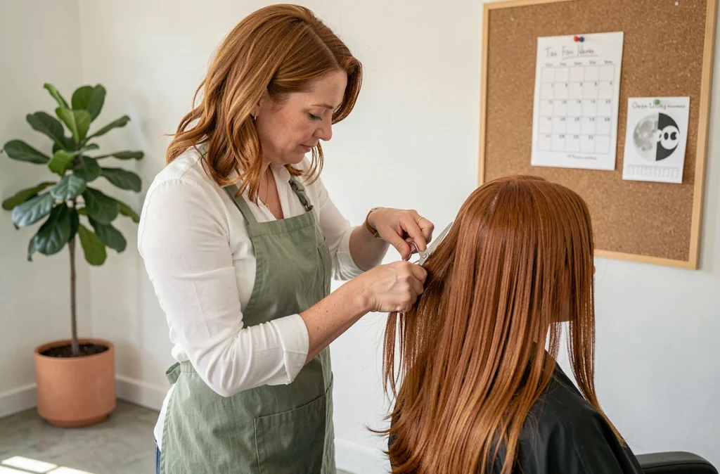 Coiffeuse coupant les pointes des cheveux d'une cliente dans un salon moderne avec un calendrier lunaire affiché au mur