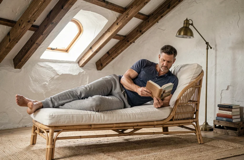 Homme lisant sur un lit de repos en rotin dans un espace sous les combles aménagé en coin lecture avec poutres apparentes