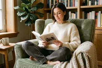 Femme lisant un livre dans un fauteuil en velvet vert dans un coin lecture cosy avec bibliothèque en bois