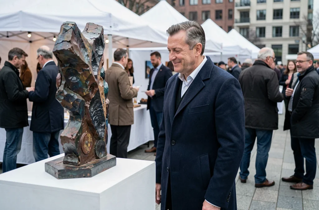 Collectionneur masculin examinant une sculpture contemporaine lors d'une foire d'art en plein air