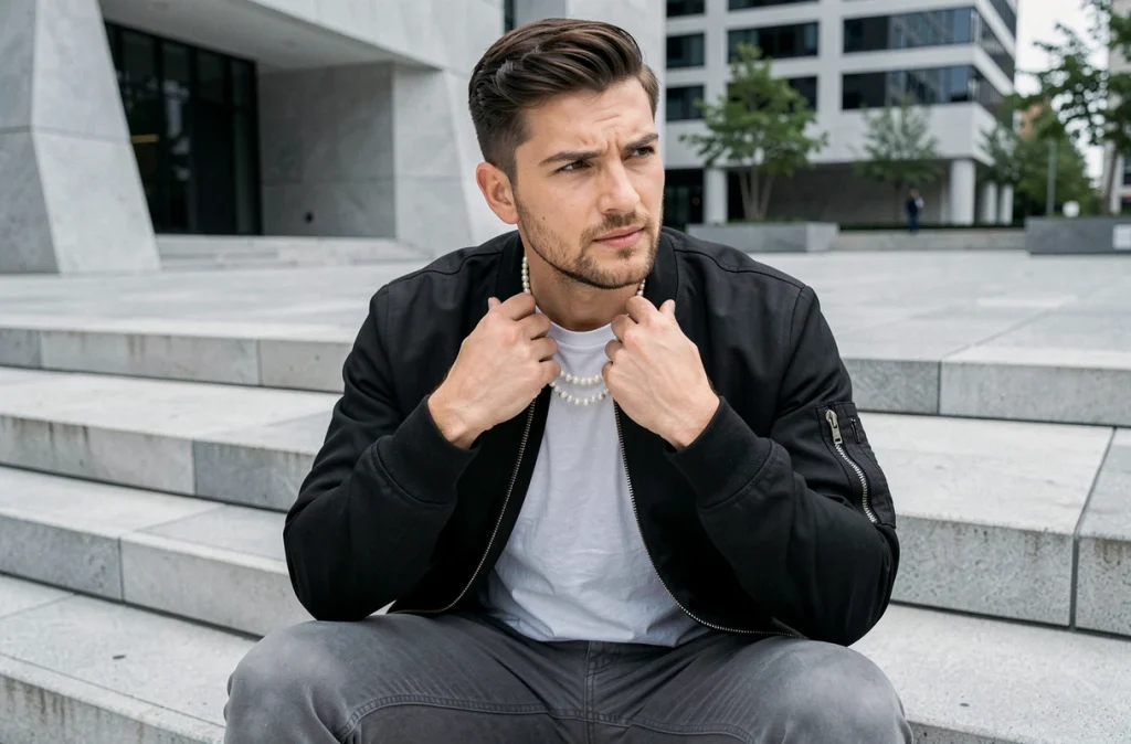 Homme en bomber noir portant un collier de perles superposé assis sur des marches architecturales urbaines
