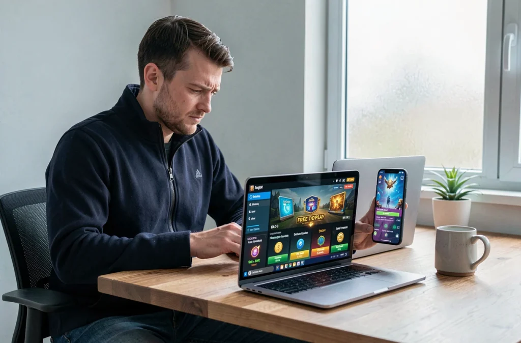 Homme analysant les options d'achats intégrés d'un jeu mobile sur ordinateur et smartphone dans un bureau à domicile