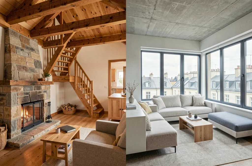 Comparaison intérieure entre une maison individuelle avec cheminée en pierre et un appartement moderne avec vue sur la ville