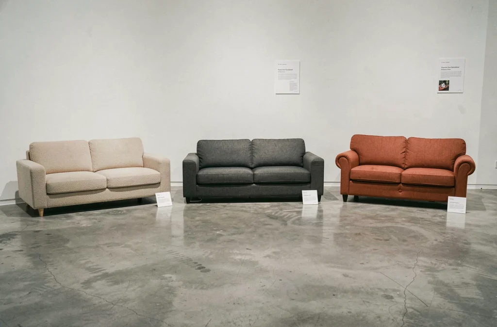 Comparaison de trois petits canapés dans un showroom moderne sur sol en béton poli