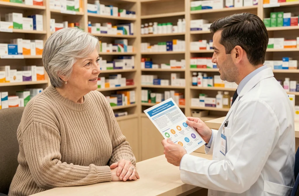 Pharmacien conseillant une femme âgée sur la vaccination saisonnière contre les infections