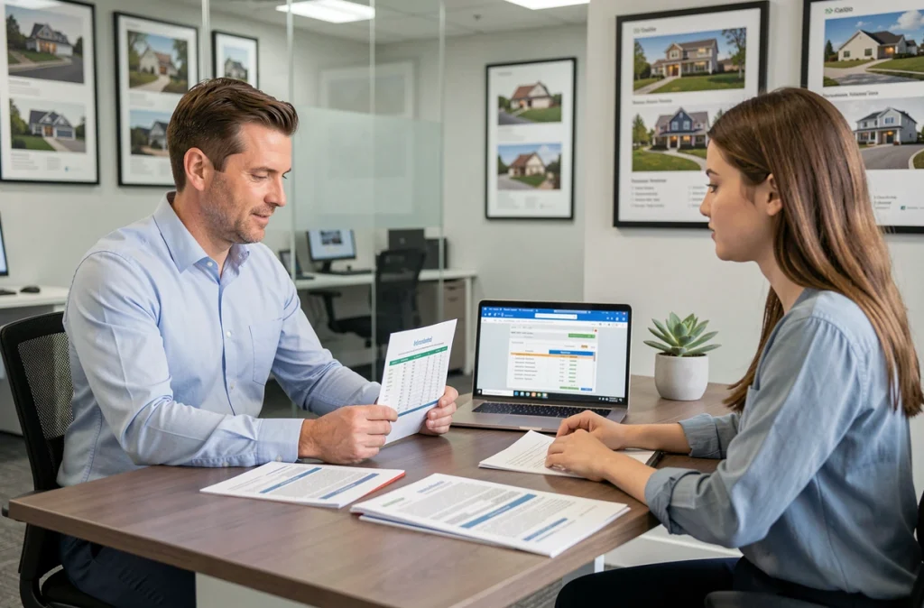 Conseiller immobilier présentant les conditions du prêt à taux zéro à une primo-accédante en agence