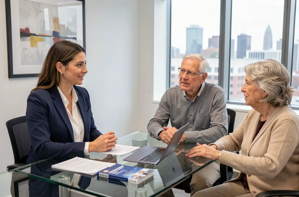 Conseillère en assurance-vie présentant un contrat à un couple de retraités dans un bureau professionnel