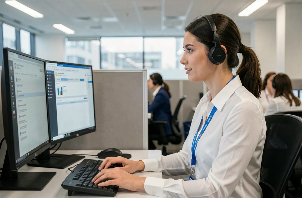 Conseillère du service client Darty répondant à des emails sur son poste de travail dans un centre de relation client