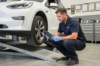 Technicien automobile réalisant un contrôle technique sur un véhicule électrique surélevé dans un garage professionnel