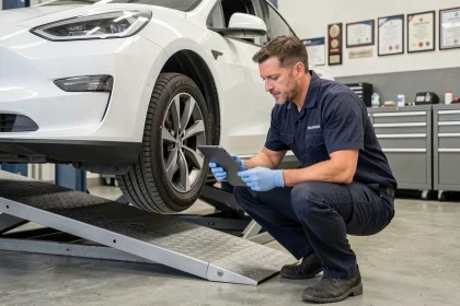 Technicien automobile réalisant un contrôle technique sur un véhicule électrique surélevé dans un garage professionnel