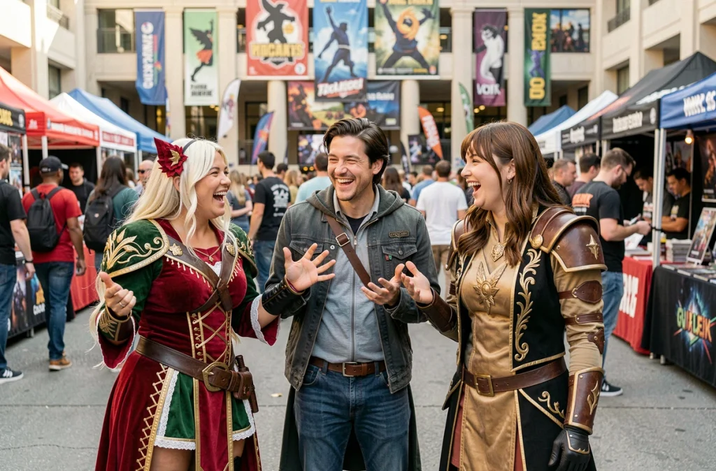 Groupe de cosplayeurs adultes riant ensemble lors d'une convention de fandom en plein air, incarnant la passion communautaire autour de personnages fictifs