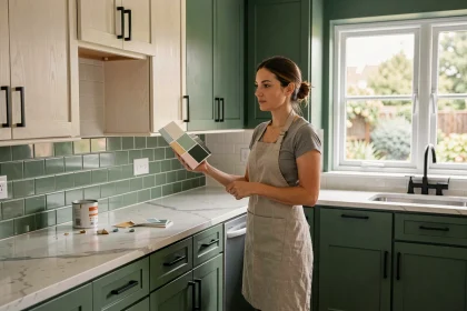 Femme tenant des échantillons de peinture dans une cuisine moderne repeinte en vert sauge profond avec des armoires en chêne blanc