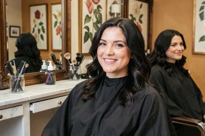 Femme aux cheveux fraîchement coupés dans un salon de coiffure, illustrant la coupe de cheveux en période de pleine lune