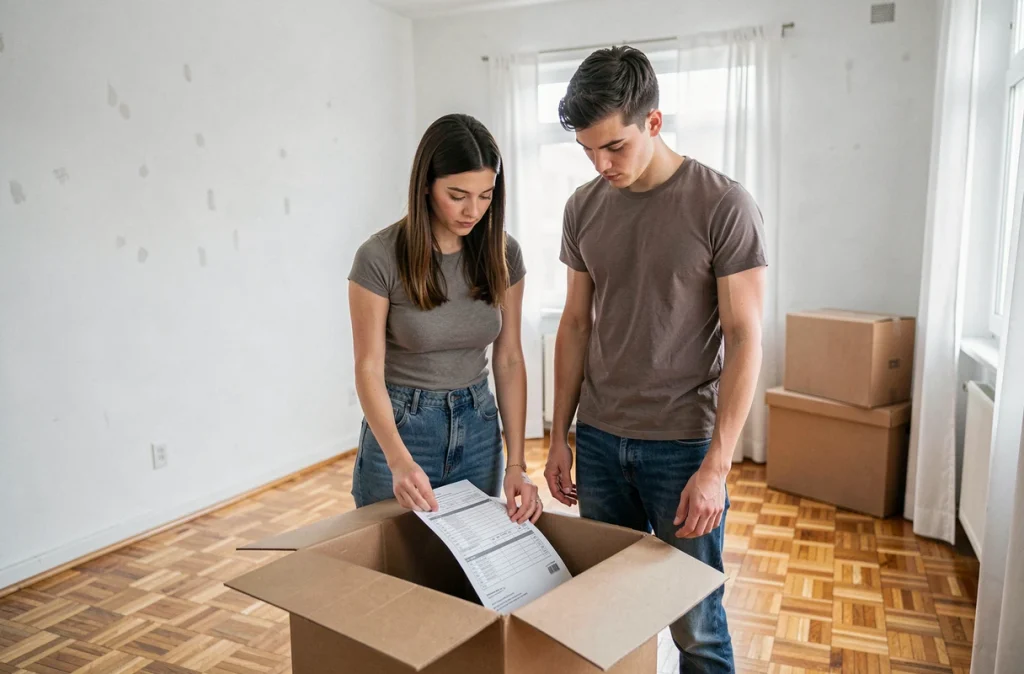 Couple de jeunes locataires consultant leur contrat de bail dans un appartement vide lors d'un emménagement