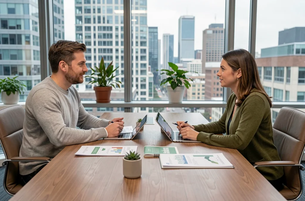 Un couple rencontre un conseiller financier pour discuter de placements éthiques et de fonds ISR, dans un bureau moderne avec vue sur la ville