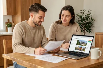 Couple consultant des documents immobiliers sur une table en bois pour leur premier achat immobilier