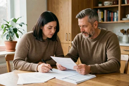 Couple de quadragénaires examinant des documents de contrat d'assurance-vie à la table de leur cuisine moderne