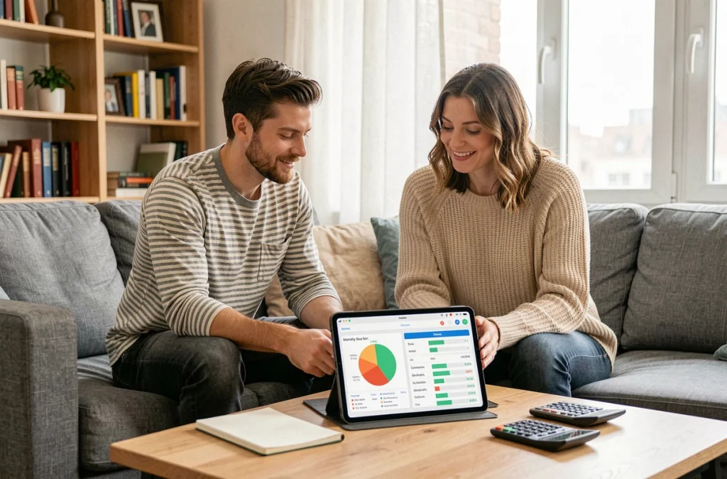 Couple gérant leur budget familial ensemble sur une tablette dans un salon moderne