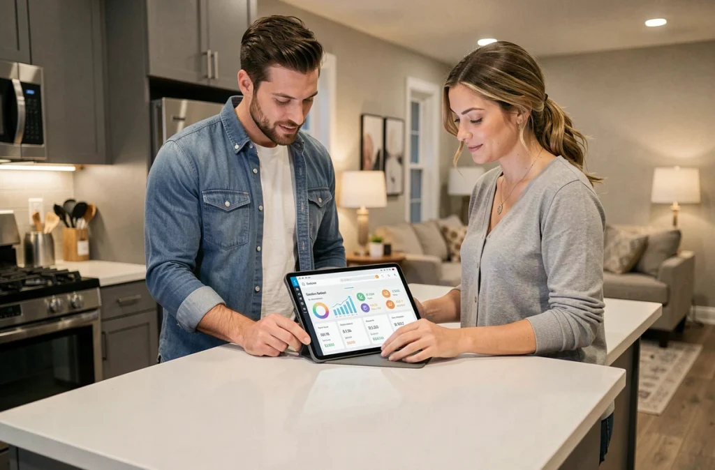 Couple consultant ensemble un tableau de bord d'investissement en cryptomonnaies sur une tablette dans une cuisine moderne